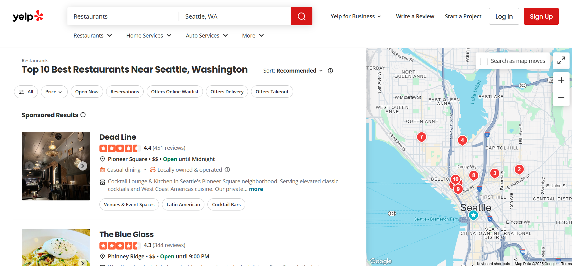 Yelp search for “Best restaurants in my city,” displaying results for Seattle.