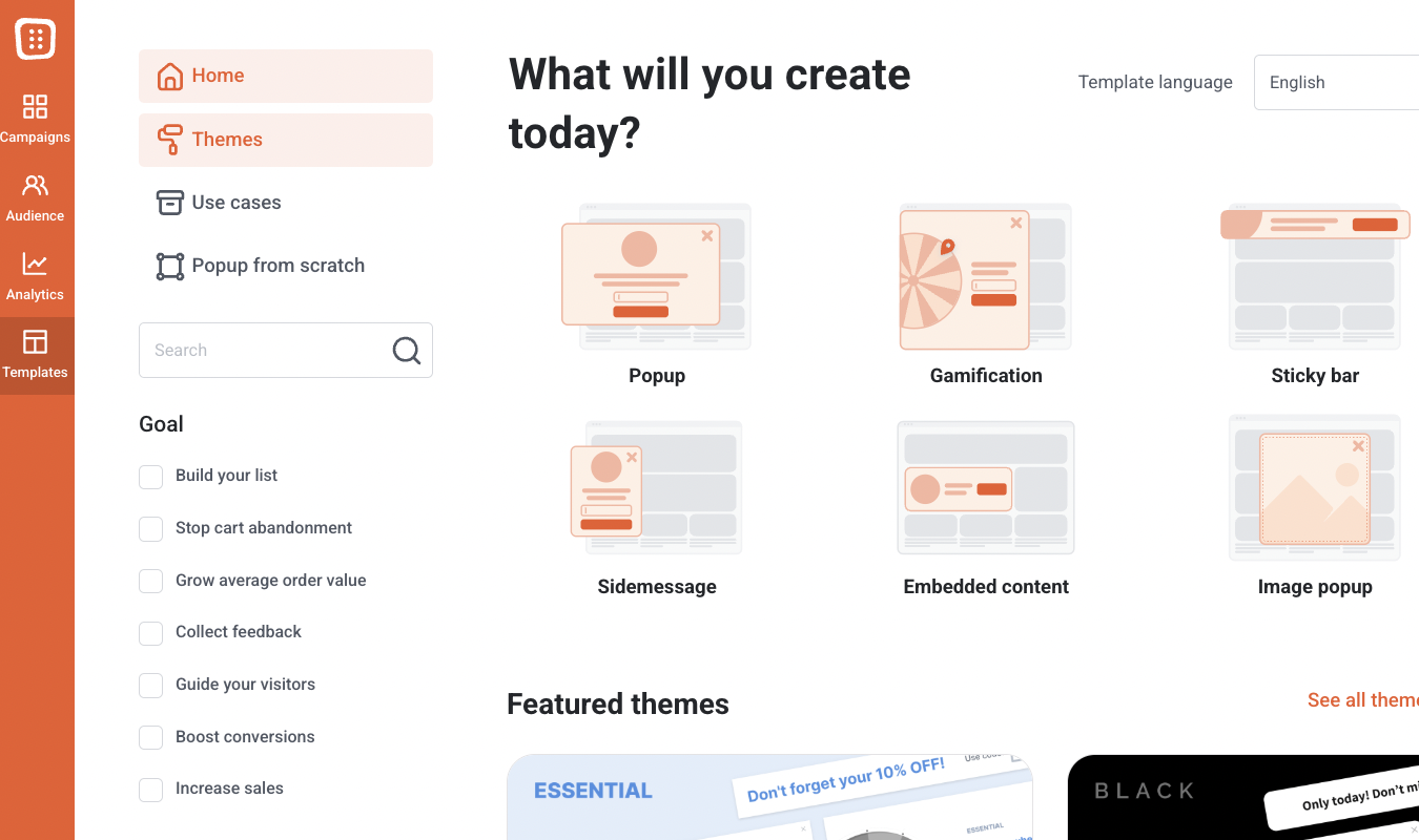 OptiMonk interface displaying available templates.