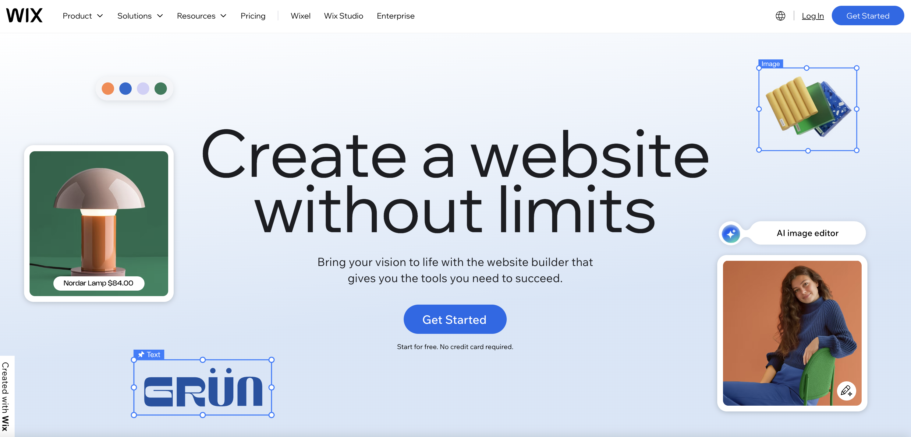 Screenshot of Wix home page.
