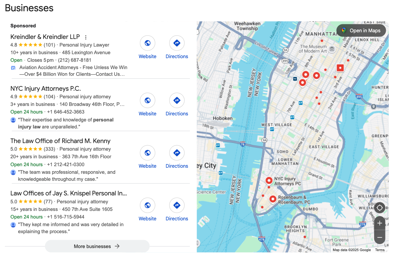 Google Map and list of sponsored law offices in New York