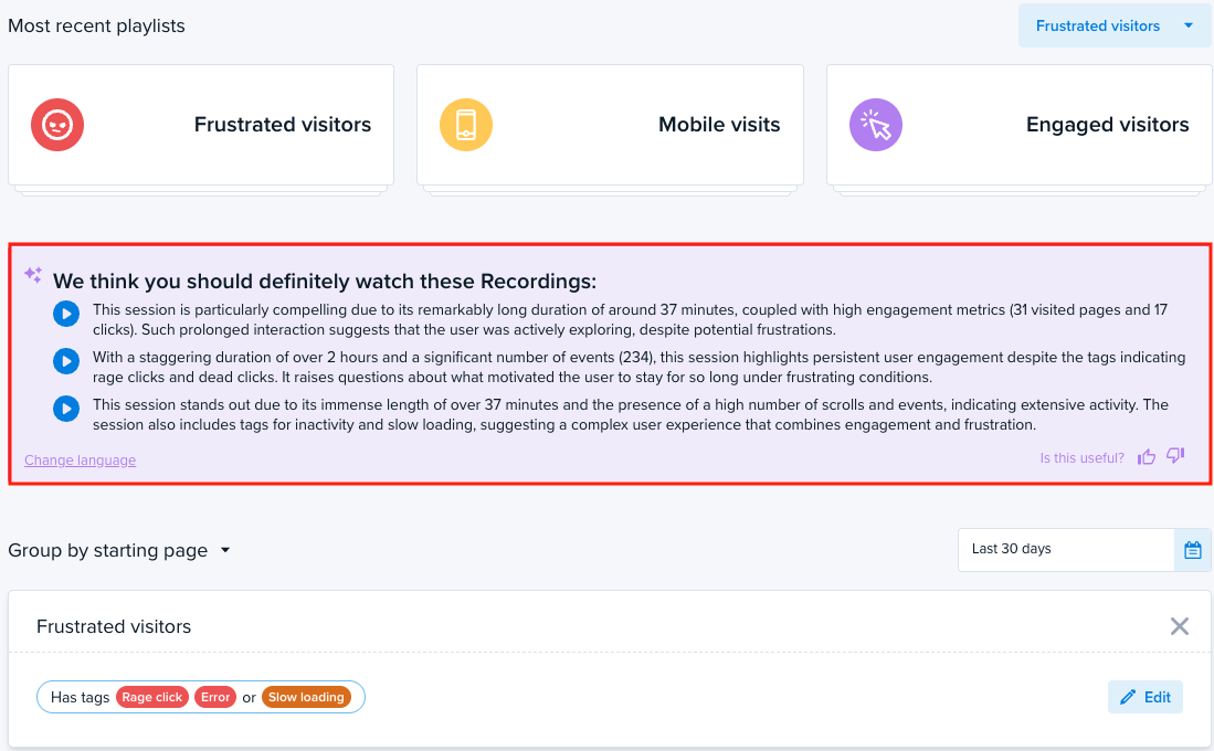 Focus on the most important Session Recordings (with AI analysis)
